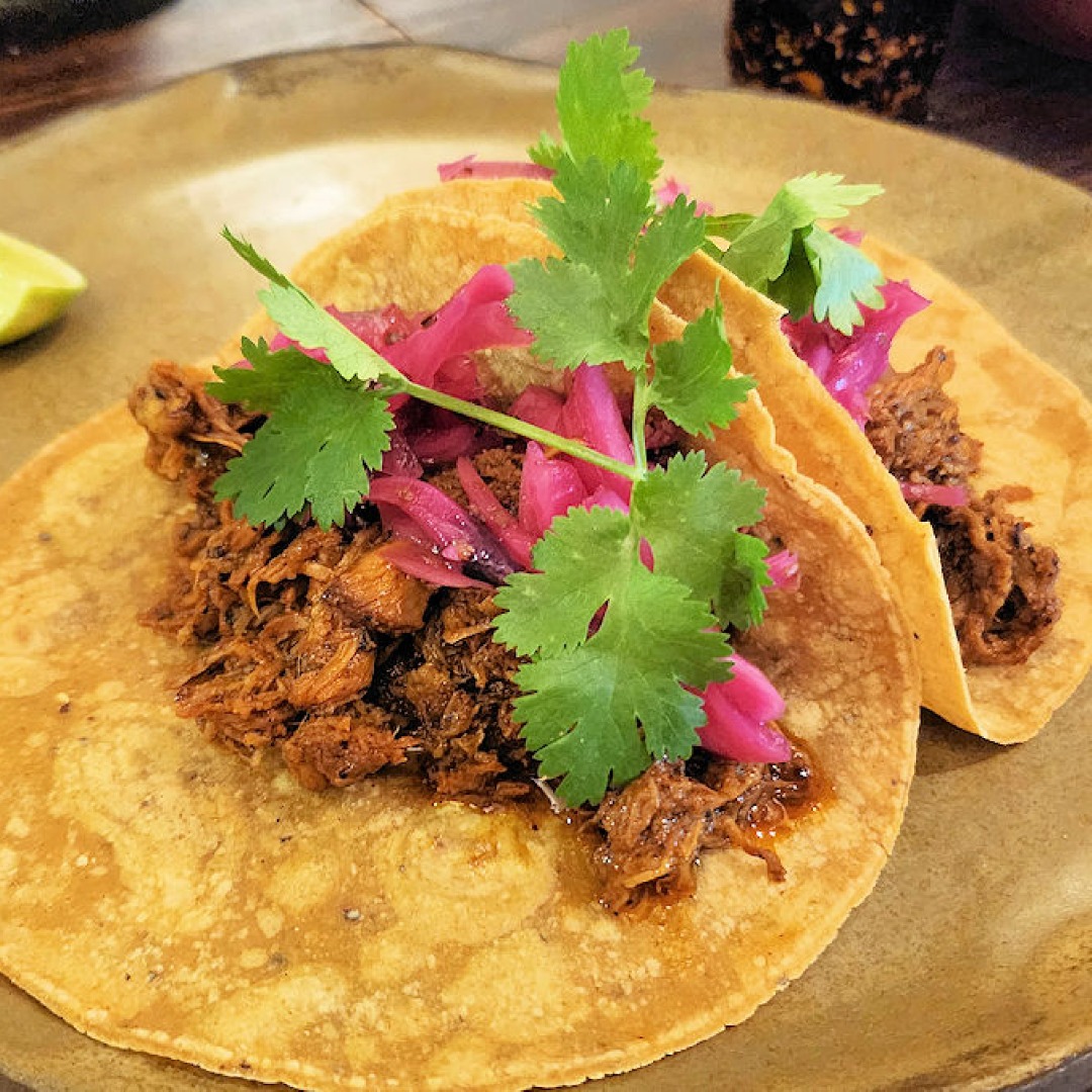 Two tacos on a plate.